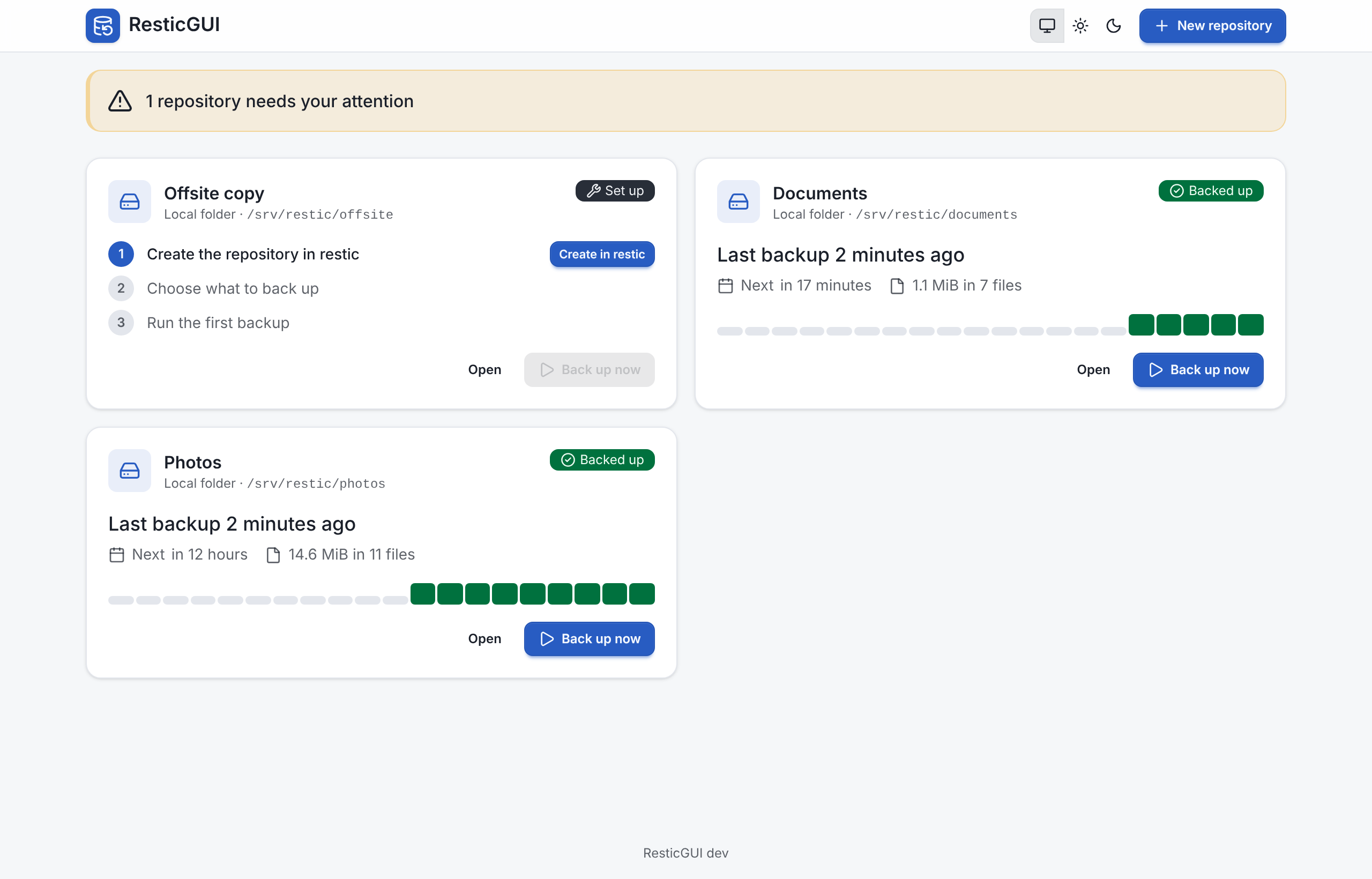 The ResticGUI dashboard