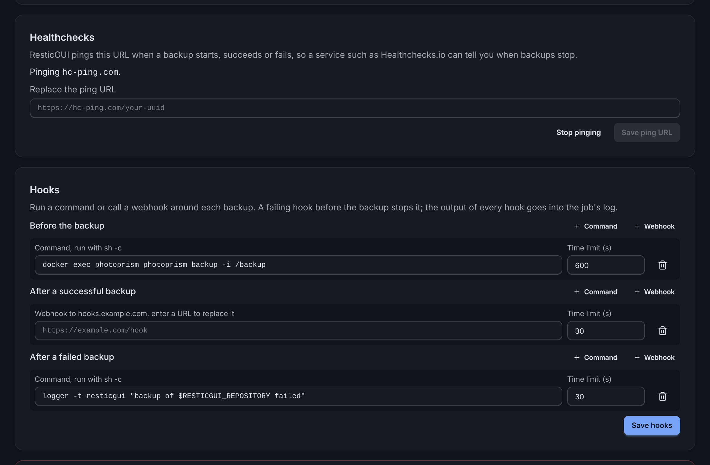 Healthchecks and hooks in a repository's settings